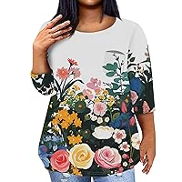 Plus Tops for Women Plus Size Bohemian Tops for Women 2024 Plus Size Casual Versatile Pretty Loose Fit with 3/4 Sleeve Crewneck Blouses Dark Green 4X-Large