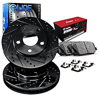 R1 Concepts eLINE Series Rear Brake Rotors Drilled and Slotted Black with Optimum OEp Pads and Hardware Kit Compatible For 2011-2018 Porsche Cayenne