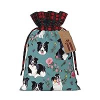 MyPiky Border Collie Florals Print Drawstring Christmas Gift Bags Gift Wrap Bags Candy Storage Bag Reusable 8.3x11.8 Inch Party