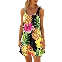 Women Summer Dresses Spaghetti Strap Sundress Swing Loose Tshirt Dress Boho Floral Print with Pockets