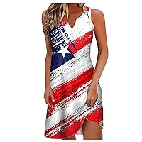4th of July Dresses for Women 2024 Summer Button V Neck Sleeveless Long Tank Dress American Flag Print Beach Mini Sundresses