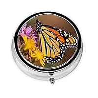 Monarch Butterfly Print Pill Box Round Pill Case 3 Compartment Portable Pill Organizer Mini Metal Pill Container for Vitamins Medication Supplements Purse Pocket Travel