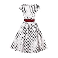 Flygo Womens 1950s Cap Sleeve Vintage Polka Dot Swing Dresses with Belt