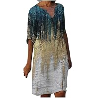 Womens Cotton Linen Dress,Summer Half Sleeve Oil Painting Print Casual Beach Dresses Vintage Loose Fit Tunic Dress