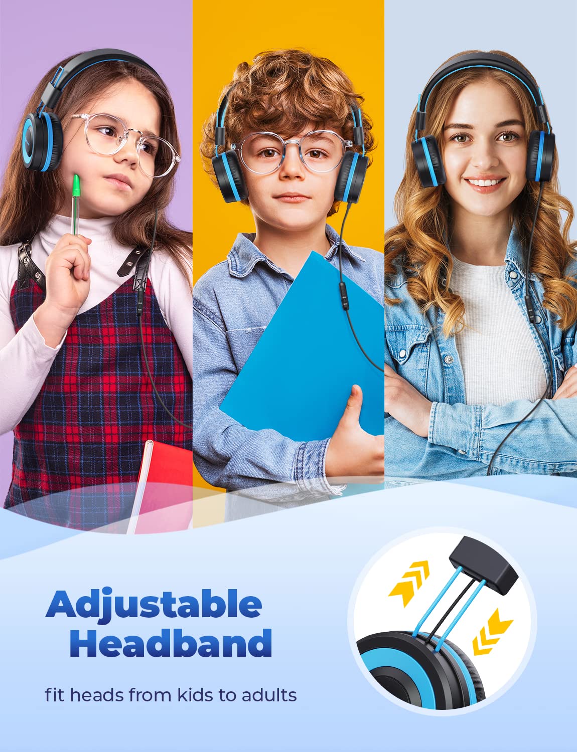 iClever HS14 Kids Headphones, Headphones for Kids with 94dB Volume Limited for Boys Girls, Adjustable Headband, Foldable, Child Headphones on Ear for Study Tablet Airplane School, Black, Blue