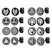 8 Pairs Viking Earrings for Men Women Viking Runes/Celtic Knot/Thor's Hammer/Wolf Head Fake Gauges Earrings Set Surgical Steel Screw Flatback Studs Faux Ear Plugs Punk Earrings