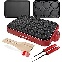 Multifunction Nonstick Baking Maker with 3 Interchangeable Plates for Fried Eggs/ Steak, Takoyaki, Cake Pops, Grill, RED-1