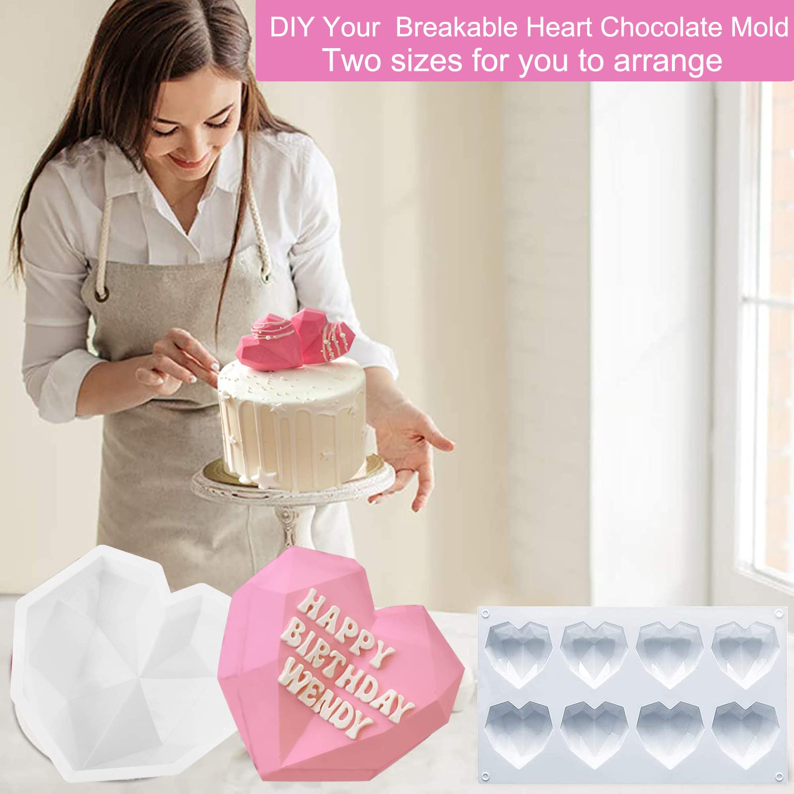 Breakable Heart Molds for chocolate, Large Chocolate Heart Silicone Molds with Hammers,Brush and Number Letter Silicone Molds,Diamond Heart Shaped Molds for Valentines Day Chocolate Candy Making