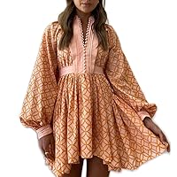 Women's Bohemian Floral Print Button Down Long Lantern Sleeve Shift Tunic Dress Casual Ruffle Swing Mini Dress