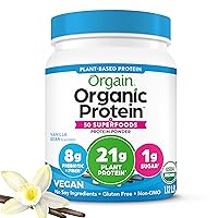 Orgain Organic Protein + Superfoods Powder, Vanilla Bean - 21g of Protein, Vegan, Plant Based, 8g of Fiber, No Dairy, Gluten, Soy or Added Sugar, Non-GMO, 1.12lb