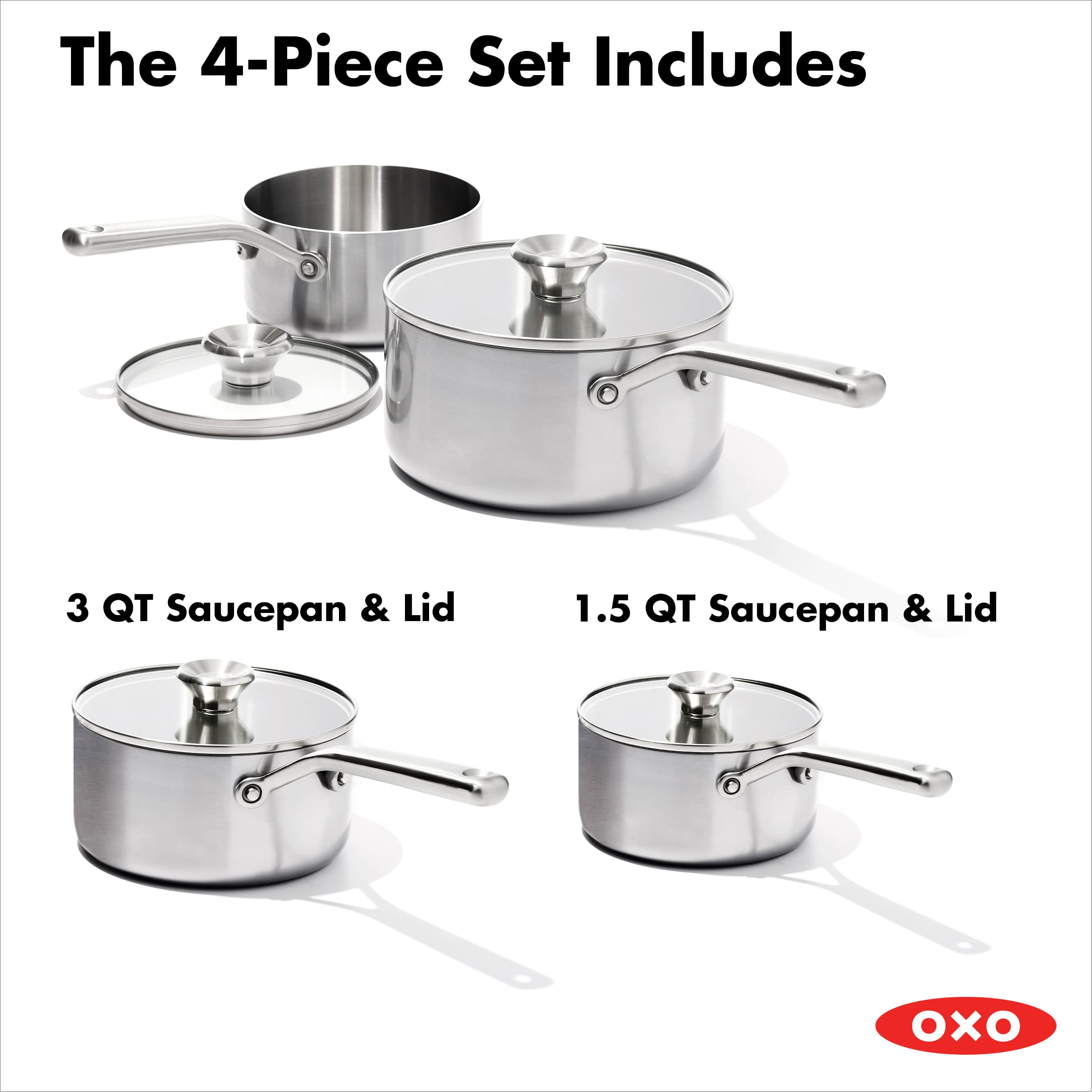 OXO Mira Tri-Ply Stainless Steel, 1.5QT and 3QT Saucepan Pot Set with Lids, Induction, Multi Clad, Dishwasher and Metal Utensil Safe