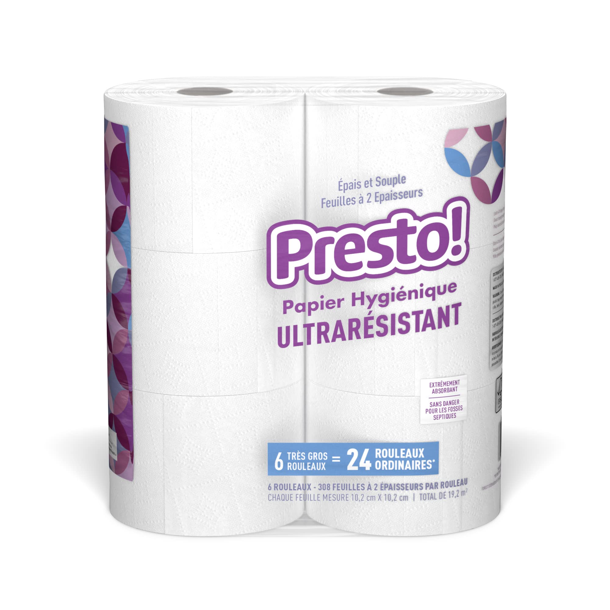 Amazon Brand - Presto! 308-Sheet Mega Roll 2-Ply Toilet Paper, Ultra-Strong, 24 Rolls (4 Packs of 6), Equivalent to 96 Regular Rolls, White