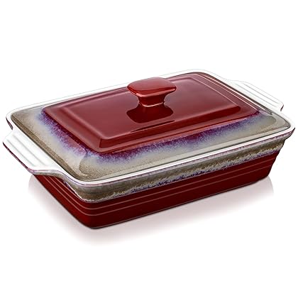 LOVECASA 4.5 Quart Deep Baking Dish with Lid, 9x13 Rectangular Ceramic Casserole Dish with Lid, Nonstick Baking Pans for Lasagna, Leftovers, Baking, Cooking Dishwasher Oven Safe, Red and Powder Gray