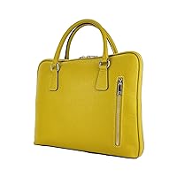Unisex Business Briefcase in Genuine Leather Made in Italy with detachable shoulder strap. Attachments with shiny silver hardware - Mustard color - Dimensions: 36 x 29 x 6.5 cm
