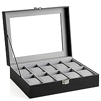 SONGMICS 10-Slot Watch Box, Christmas Gifts, Watch Case with Glass Lid, Watch Organizer with Removable Watch Pillows, Velvet Lining, Metal Clasp, Gift for Loved Ones, Gray Lining UJWB010BK