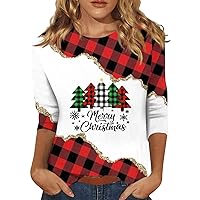 Plus Size Christmas Tops for Women,Women's Fashion Casual Round Neck 3/4 Sleeve Loose Christmas Printed T-Shirt Ladies Top