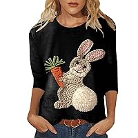 Women Happy Easter T-Shirts 3/4 Sleeve Blouse Cute Bunny Ears Gnomes Print Graphic Tee Crew Neck Loose Casual Shirt