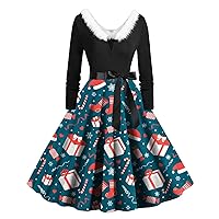 Christmas Swing Dresses for Women Furry V Neck Long Sleeve Cocktail Dress Belted High Waist Xmas Holiday Outfits