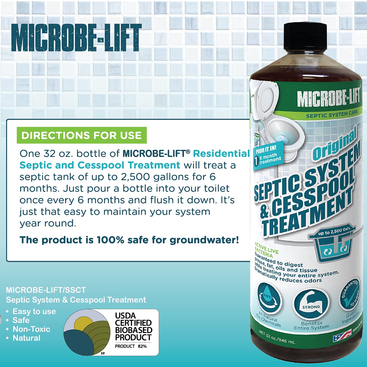 MICROBE-LIFT Septic Tank and Cesspool Treatment Enzymes - 6 Month Supply - Bacteria Digests Grease, Fats, Oils and Tissue, 32oz