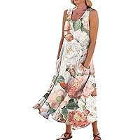 Linen Dress Floaty Lounges Flower Patterned Cool Baggy O-Neck Maxi Trending Sleeveless Boho Summer Dress with Pockets