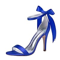 Womens Back Strap Heeled Sandals Silver Satin Wedding High Heeled Sandals Bride Dress Party Evening Shoes 10.5CM Job Shoes Open Toe Blue US 8.5