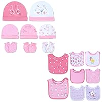 Organic Cotton Teething Bibs, Baby Mittens and Cap Set - for Newborn, Infant - Super Absorbent, No Scratch - 5 Newborn Caps x 3 Mittens x 8 Teething Bibs - Pink