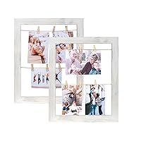 100% Solid Wood White Clip Picture Frame for Wall Collage Photo Hanging, Display Picture Decor with 6 Clips Vintage Rustic Frames
