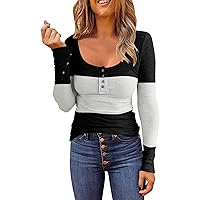 Exercise Shirts Women Pack Sleeve Hole Striped U-Neck Top Buttoned Patchwork T-Shirt Top Sexy Soft Loose Button