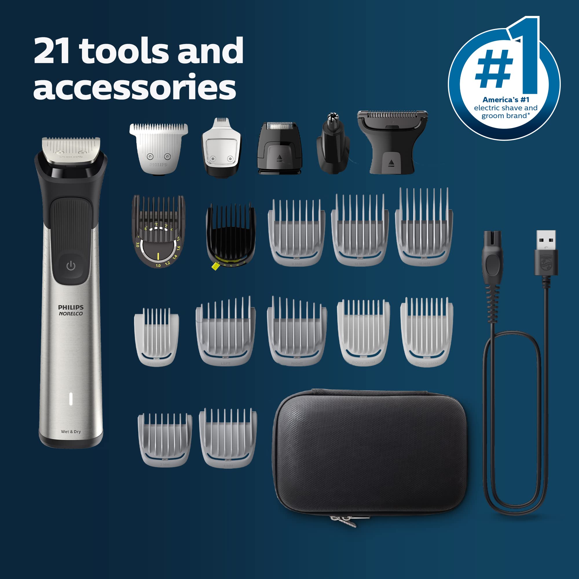 NEW Philips Norelco Multigroom Series 9000 - 21 piece Men's Grooming Kit for beard, body, face, nose, ear hair trimmer w/ premium storage case, MG9510/60