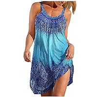 Women's Bohemian Round Neck Glamorous Casual Loose-Fitting Summer Print Swing Dress Beach Sleeveless Knee Length Flowy Blue