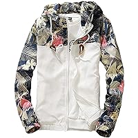 Men's Full Zip Floral Print Lightweight Slim Windproof Hoodie Windbreaker Jacket