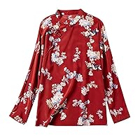 Everyday Dress Shirts Silk Flower Bird Printing Long Sleeve Mock Collar Chinese Red Blouse 2172