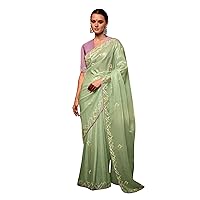 Organza Silk Pista Green Saroski Sari Blouse Indian Woman Designer Saree FI032