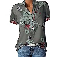 Blouses and Tunics for Women Blouse Short Sleeve V-Neck Shirt Blouse Summer Shirt Flowers Button Placket Tunic Tops Oversize Loose Top Long Shirt