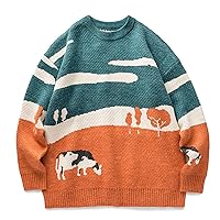 Flygo Men's Cow Sweater Oversized Long Sleeve Sweaters Harajuku Casual Knit Pullover Jumper