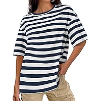 MEROKEETY Women's 2024 Summer Half Sleeve Striped T Shirts Casual Crew Neck Oversized Tee Tops