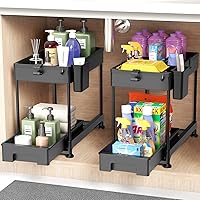 SPACEKEEPER Under Sink Organizer, Sliding Cabinet Basket Organizer 2 Tier Under Bathroom Storage Rack with Hooks, Hanging Cup, Dividers, Multi-purpose for Bathroom Kitchen, Black, 2 Pack