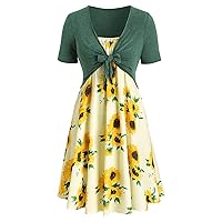Midi Dress with Sleeves,Bandage Short Dress Women Sleeve Suit Top Sunflower Print Knot Dress Mini Bow Women's D