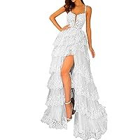 Women's Shinny Spaghetti Strap Formal Dress Lace Appliques Prom Dresses 2024 Long Slit Ball Gown Tiered