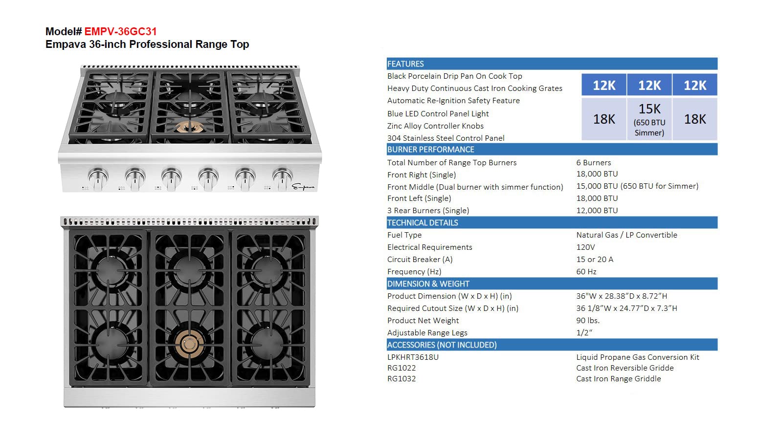 Empava 36 in. Pro-Style Professional Slide-in Natural Gas Rangetop with 6 Deep Recessed Sealed Ultra High-Low Burners-Heavy Duty Continuous Grates in Stainless Steel, 36 Inch, Silver