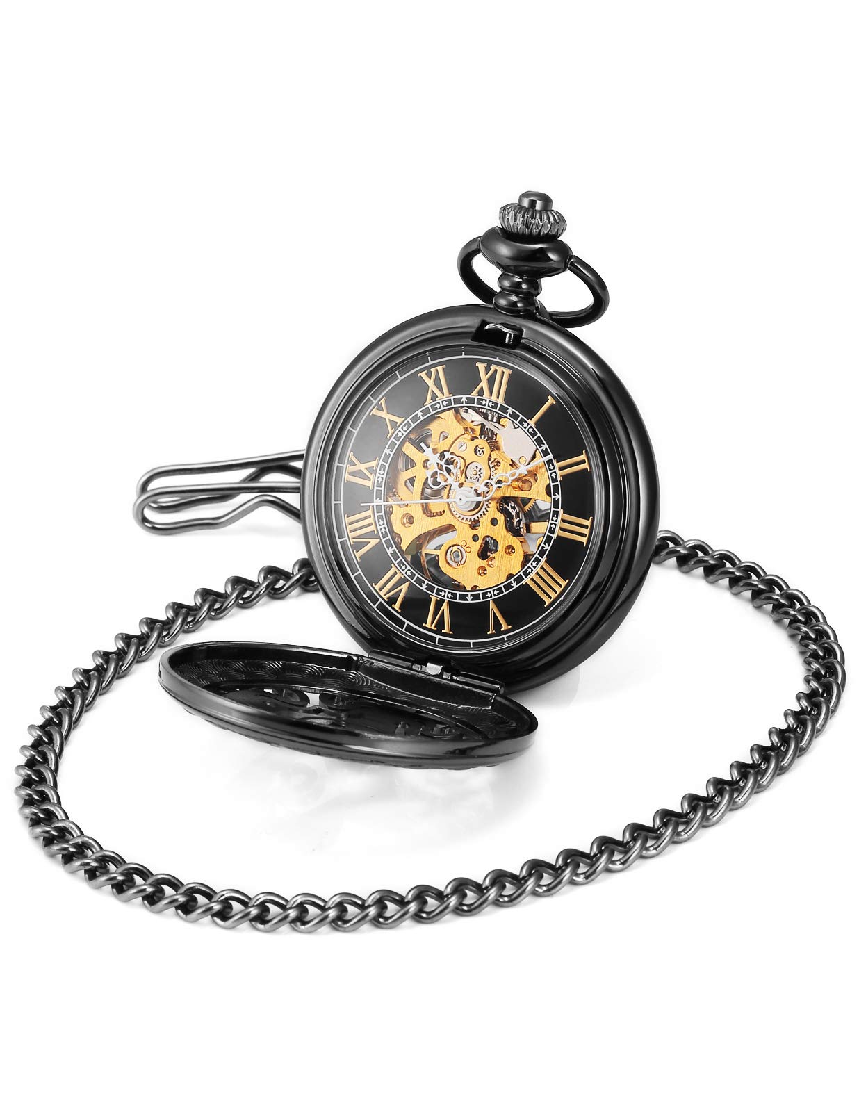 AMPM24 Steampunk Black Copper Case Skeleton Mechanical Pocket Watch Fob WPK167