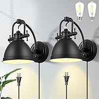 Plug in Wall Sconces Set of Two, with Dimmable Rotary Switch Black Iron Wall Sconces Modern Farmhouse Plug in Wall Light, Vintage Light Fixtures for Bedroom Bedside Living Room
