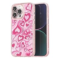 Compatible for iPhone 15 Pro Case Cute Aesthetic - Glitter Pink Phone Case with Camera Protector - Girly Love Heart Pattern Print Cover with Wrist Strap Design for Woman Girl 6.1