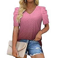 XIEERDUO Women's Summer Tops Trendy V Neck T Shirts Puff Sleeve Casual Flowy