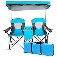 DORTALA Double Camping Chair with Canopy, 2 Person Folding Beach Chair with Canopy Shade, Table Beverage Holder and Storage Bag, Double Rocker Chair Outdoor for Camping, Beach, Picnic, Blue