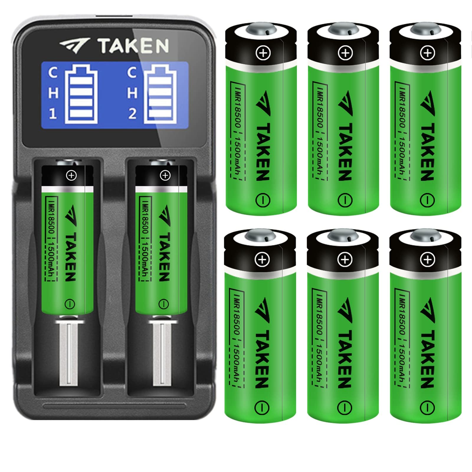 Taken 18500 Rechargeable Li-ion Battery with Charger, IMR 18500 3.7V 1500mAh Rechargeable Battery with Button Top, 8 Pack 18500 Rechargeable Batteries with 2-Ports Charger