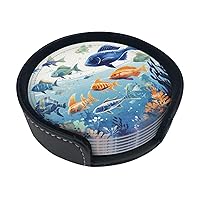 Ocean Life Print Leather Coasters Set of 6 Waterproof Heat-Resistant Drink Coasters Round Cup Mat with Holder for Living Room Kitchen Bar Coffee Decor