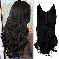 Dark Black Hair Extensions for Women Wavy Curly Long Synthetic Hair Pieces 18 Inch 4.2 Oz Adjustable Transparent Wire Headband Heat Friendly Fiber No Clip