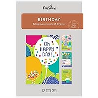 DaySpring - Birthday - Oh Happy Day - 4 Birthday Art Design Assortment with Scripture - 12 Birthday Boxed Cards and Envelopes