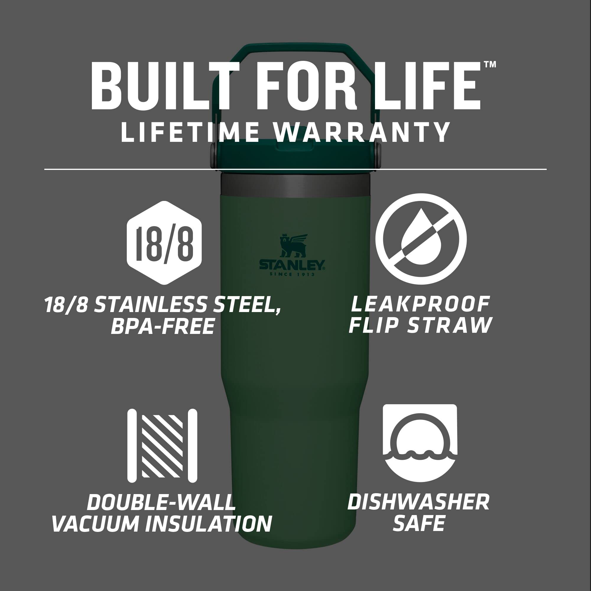 Stanley IceFlow Stainless Steel Tumbler with Straw - Vacuum Insulated Water Bottle for Home, Office or Car - Reusable Cup with Straw Leakproof Flip - Cold for 12 Hours or Iced for 2 Days (Jade)